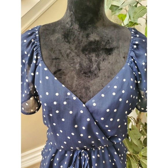 Trixxi Womens Small Polka Dot Mini Dress Navy White Flutter Sleeve Nautical L - Picture 2 of 13